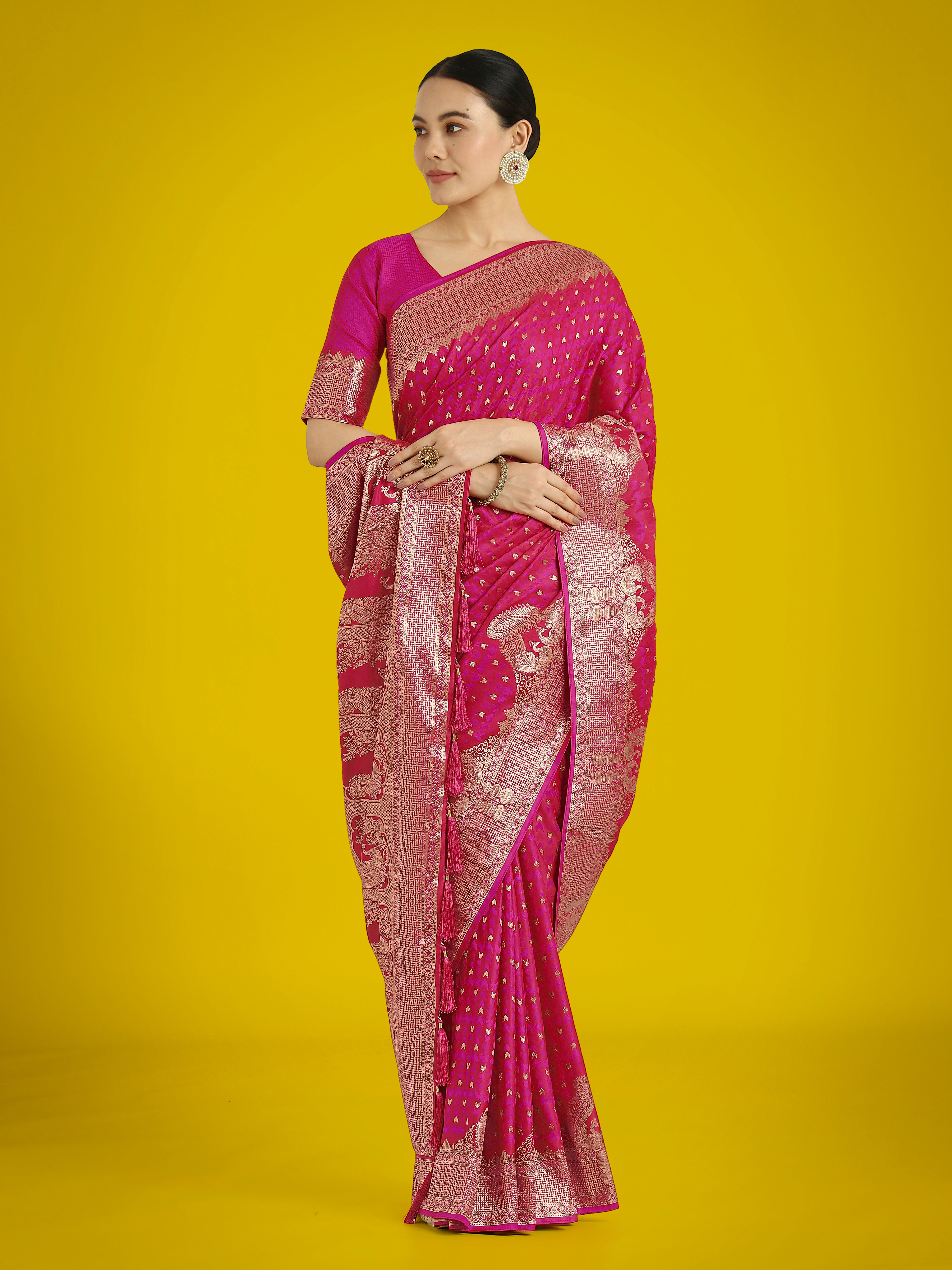 Monjolika Fashion Gorgeous Rani Pink Woven Banarasi Satin Designer Silk Saree