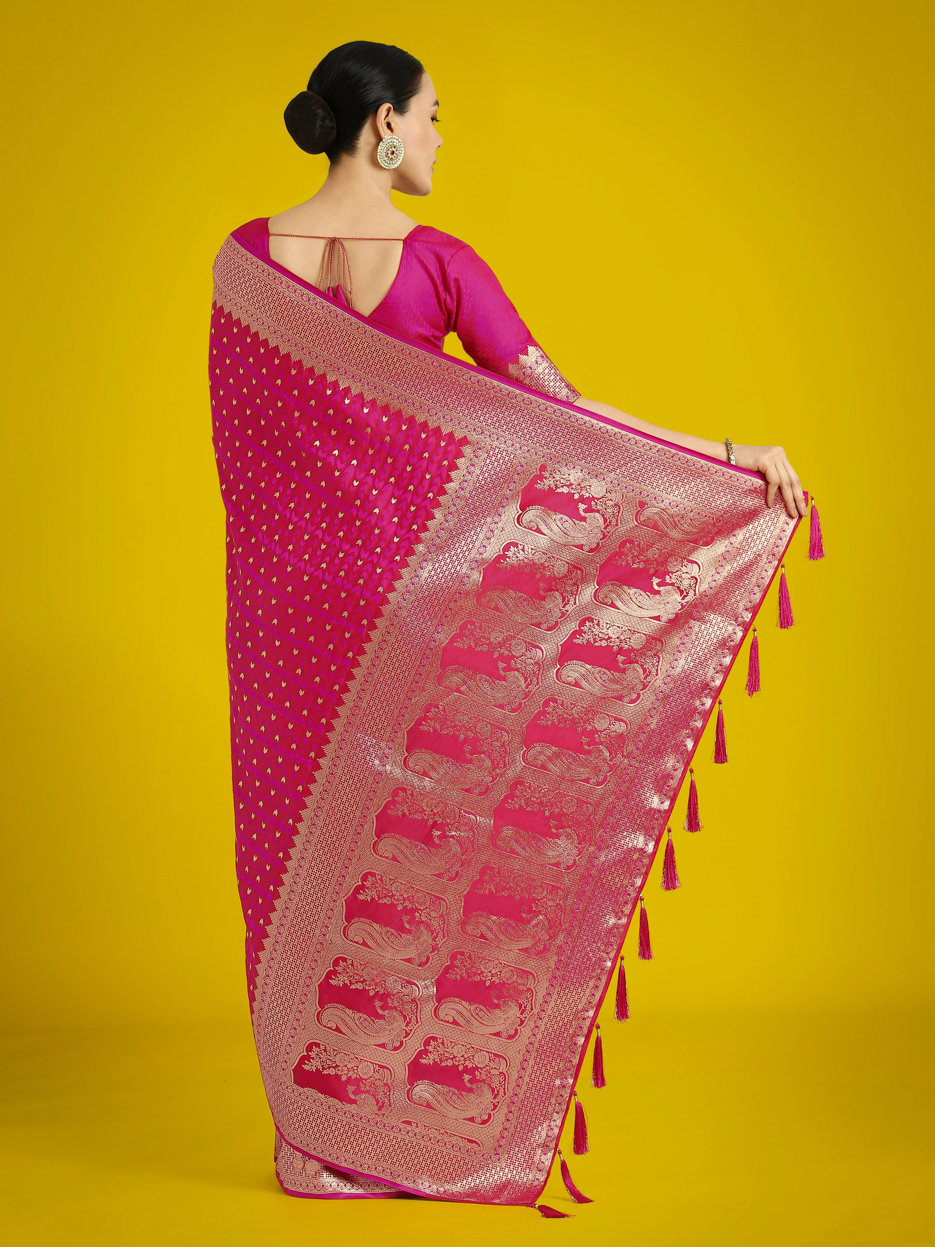 Monjolika Fashion Gorgeous Rani Pink Woven Banarasi Satin Designer Silk Saree