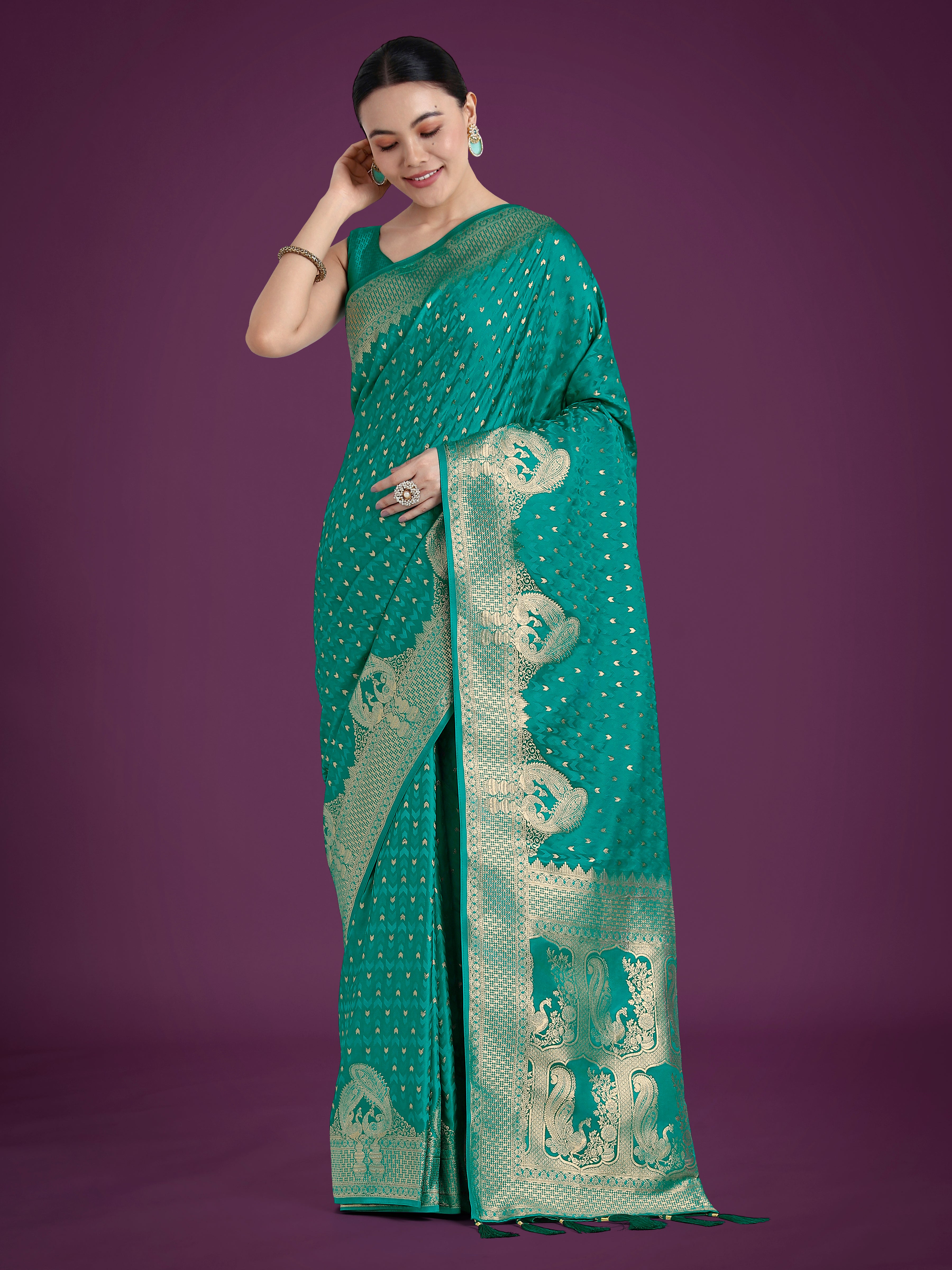 Monjolika Fashion Gorgeous Turquoise Woven Banarasi Satin Designer Silk Saree