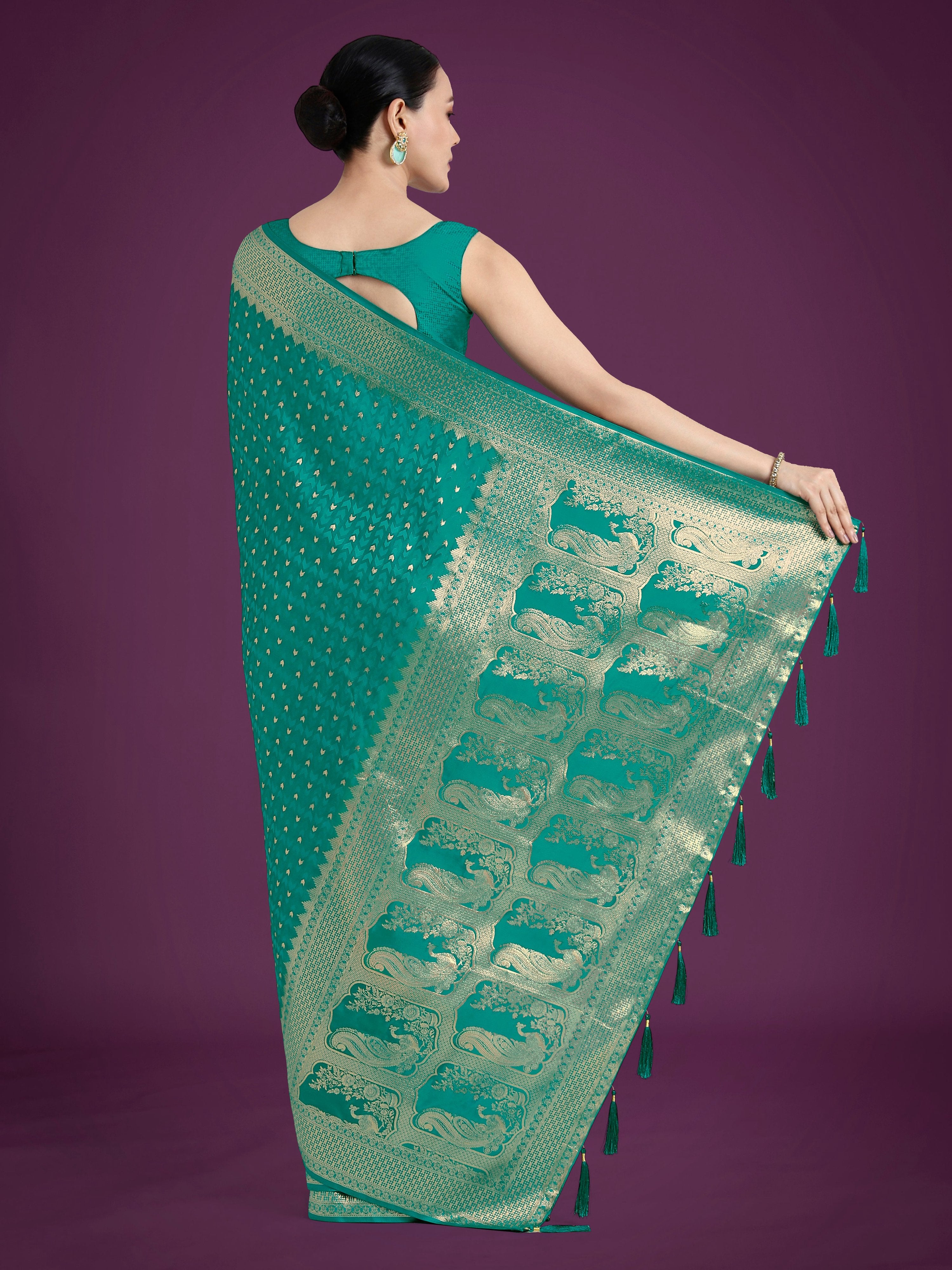 Monjolika Fashion Gorgeous Turquoise Woven Banarasi Satin Designer Silk Saree