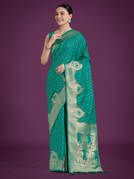 Monjolika Fashion Gorgeous Turquoise Woven Banarasi Satin Designer Silk Saree