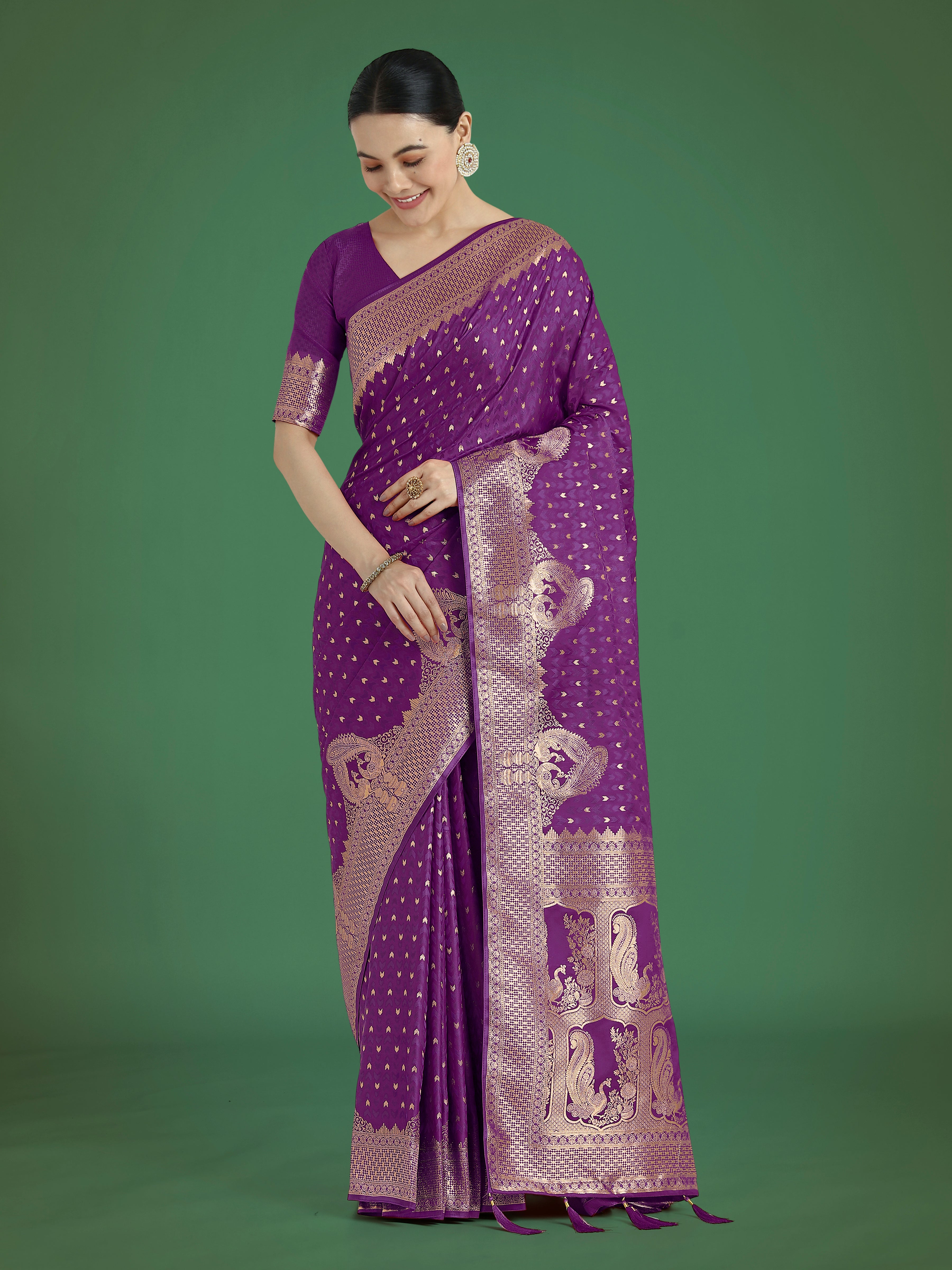 Monjolika Fashion Gorgeous Purple Woven Banarasi Satin Designer Silk Saree