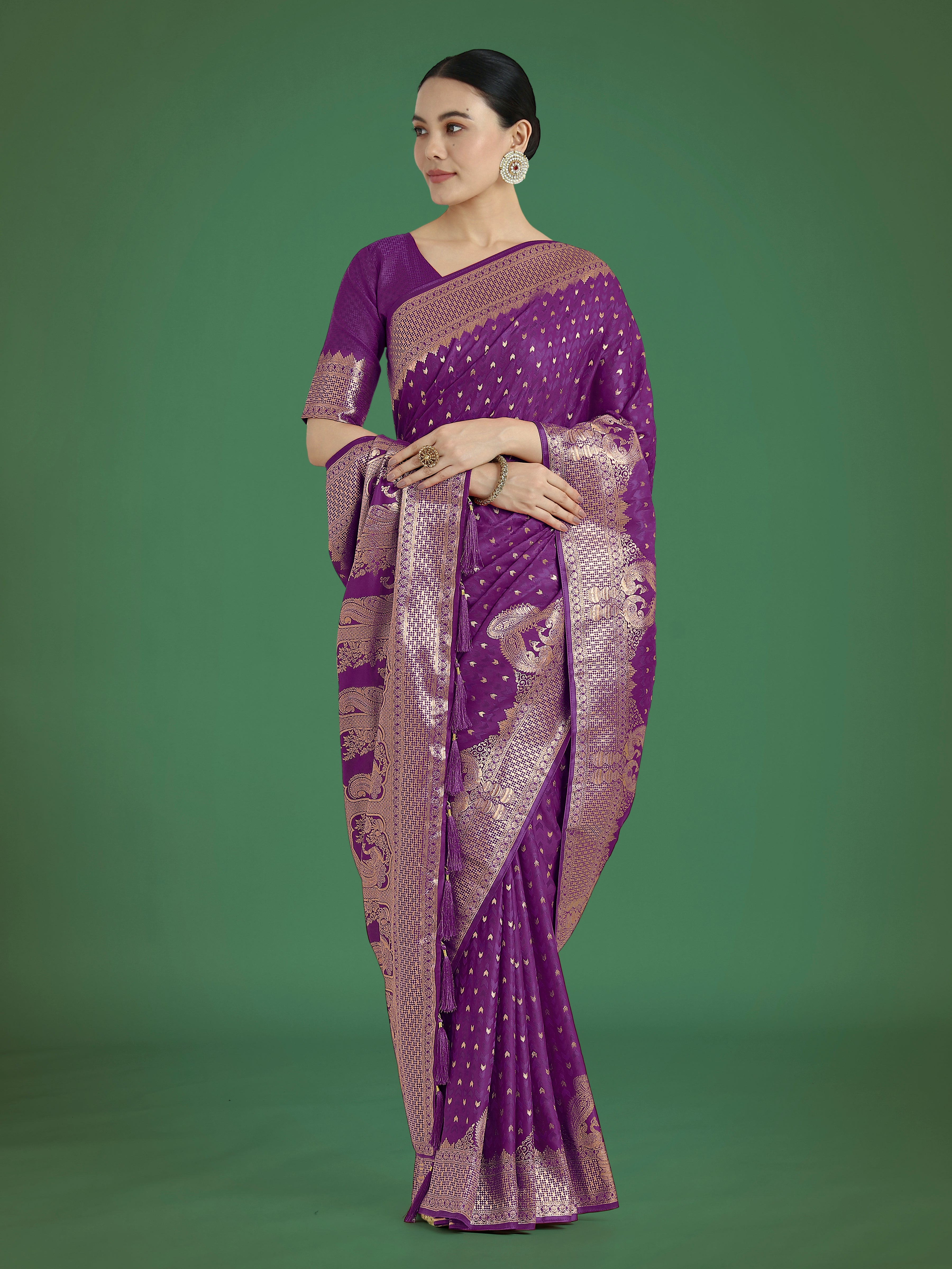 Monjolika Fashion Gorgeous Purple Woven Banarasi Satin Designer Silk Saree