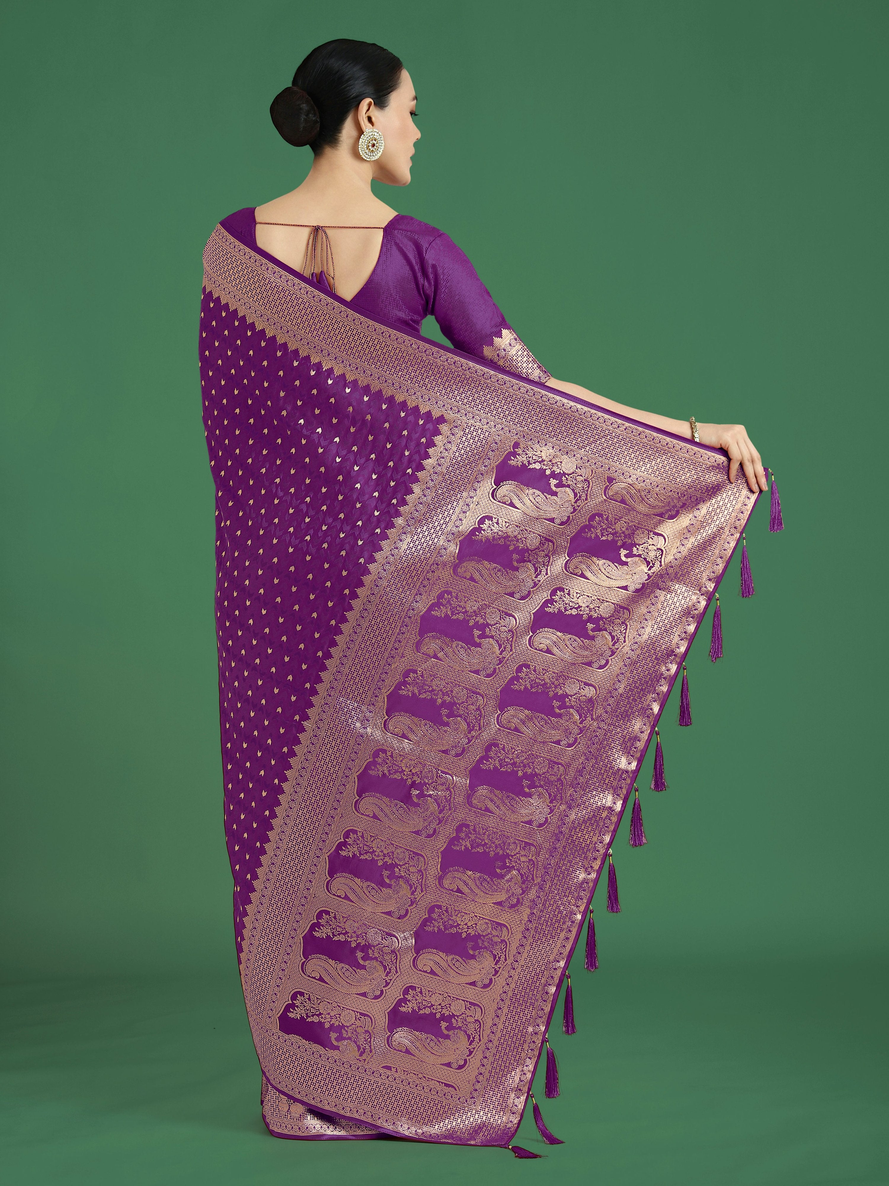 Monjolika Fashion Gorgeous Purple Woven Banarasi Satin Designer Silk Saree