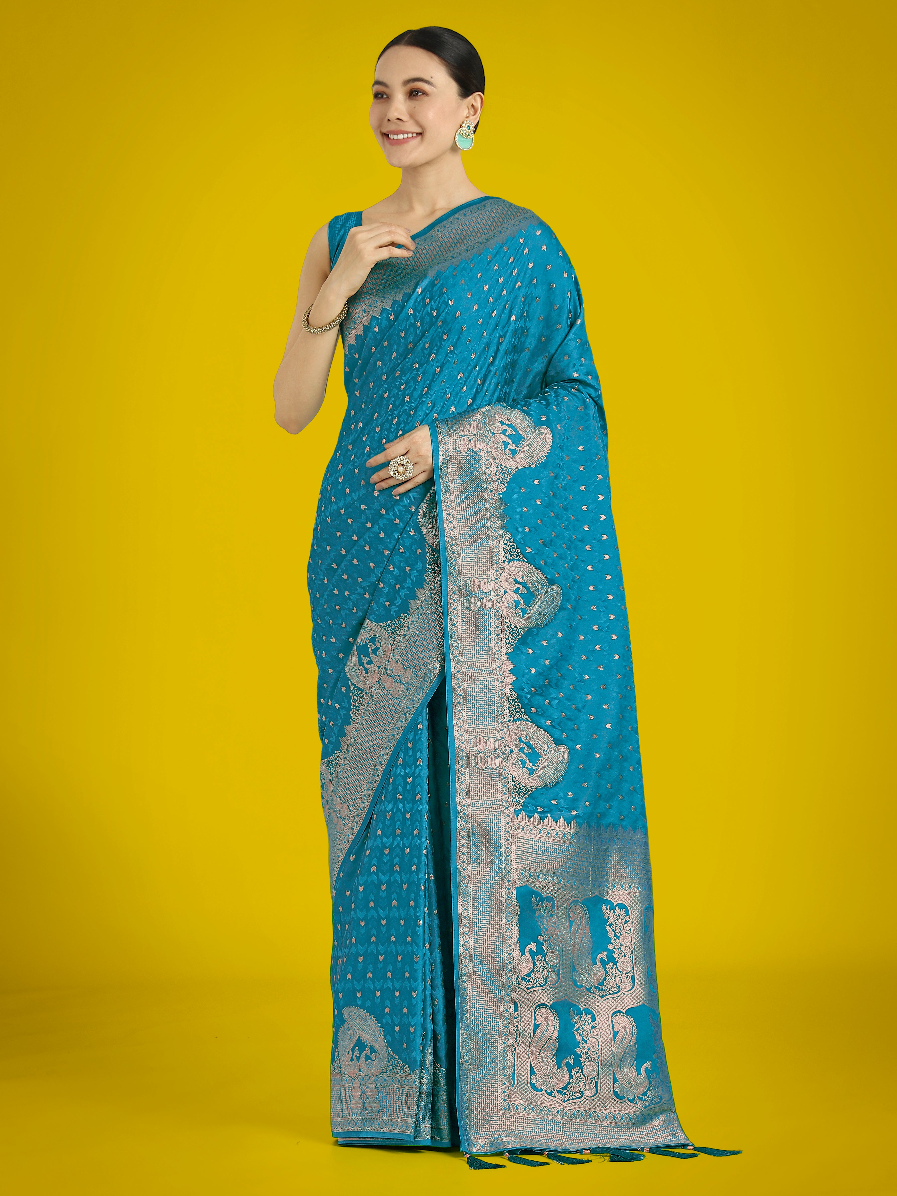 Monjolika Fashion Gorgeous Cyan blue Woven Banarasi Satin Designer Silk Saree
