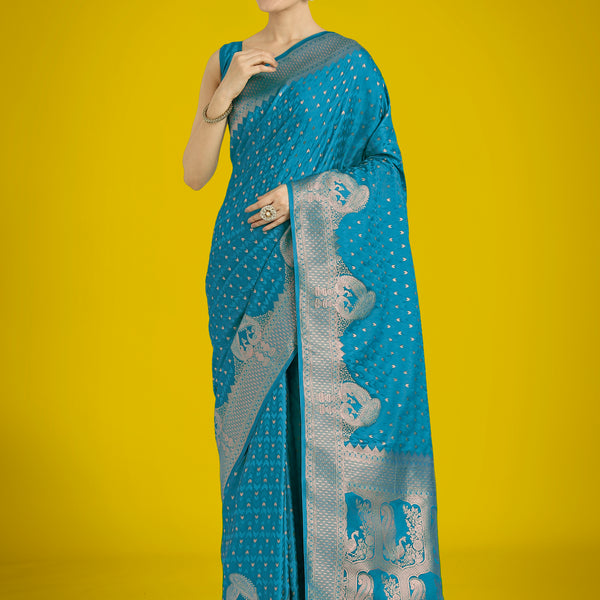 Monjolika Fashion Gorgeous Cyan blue Woven Banarasi Satin Designer Silk Saree - Distacart