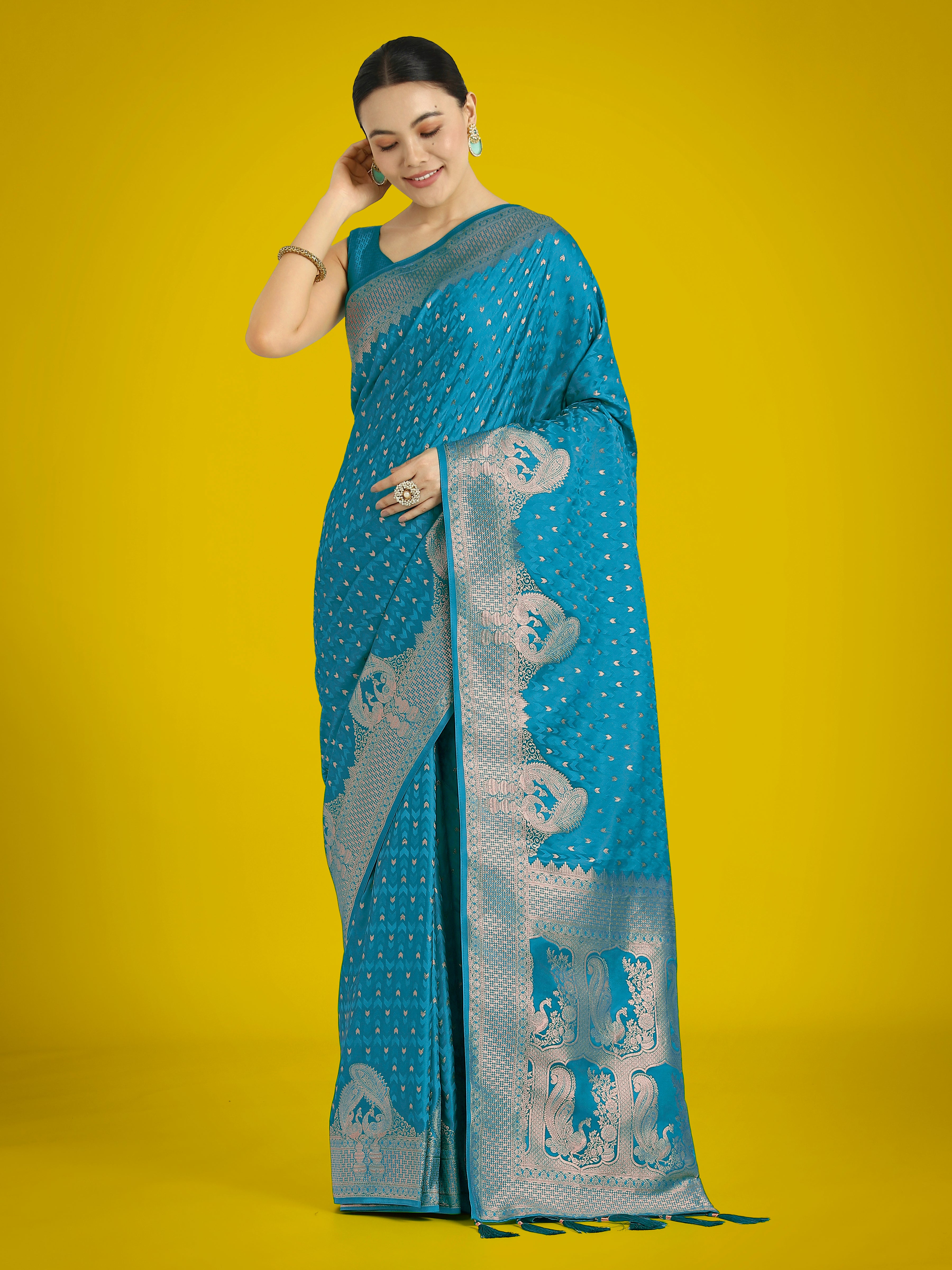 Monjolika Fashion Gorgeous Cyan blue Woven Banarasi Satin Designer Silk Saree