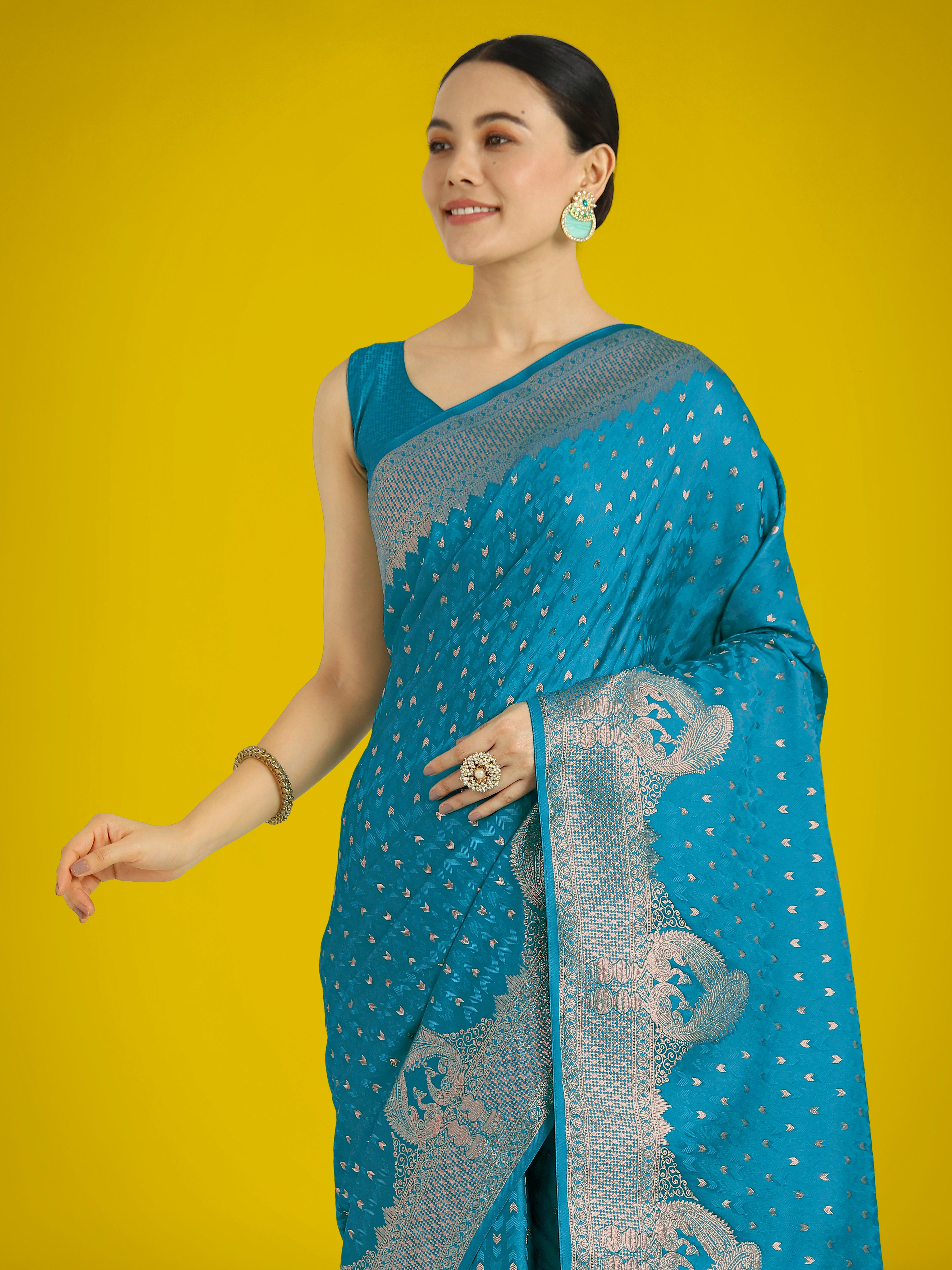 Monjolika Fashion Gorgeous Cyan blue Woven Banarasi Satin Designer Silk Saree