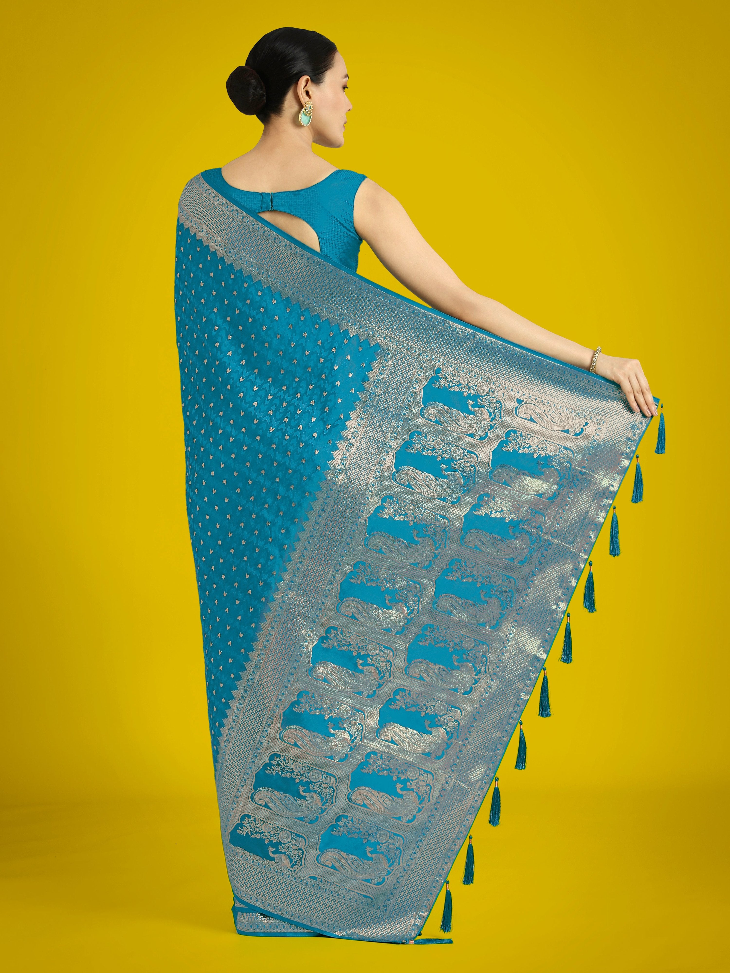 Monjolika Fashion Gorgeous Cyan blue Woven Banarasi Satin Designer Silk Saree