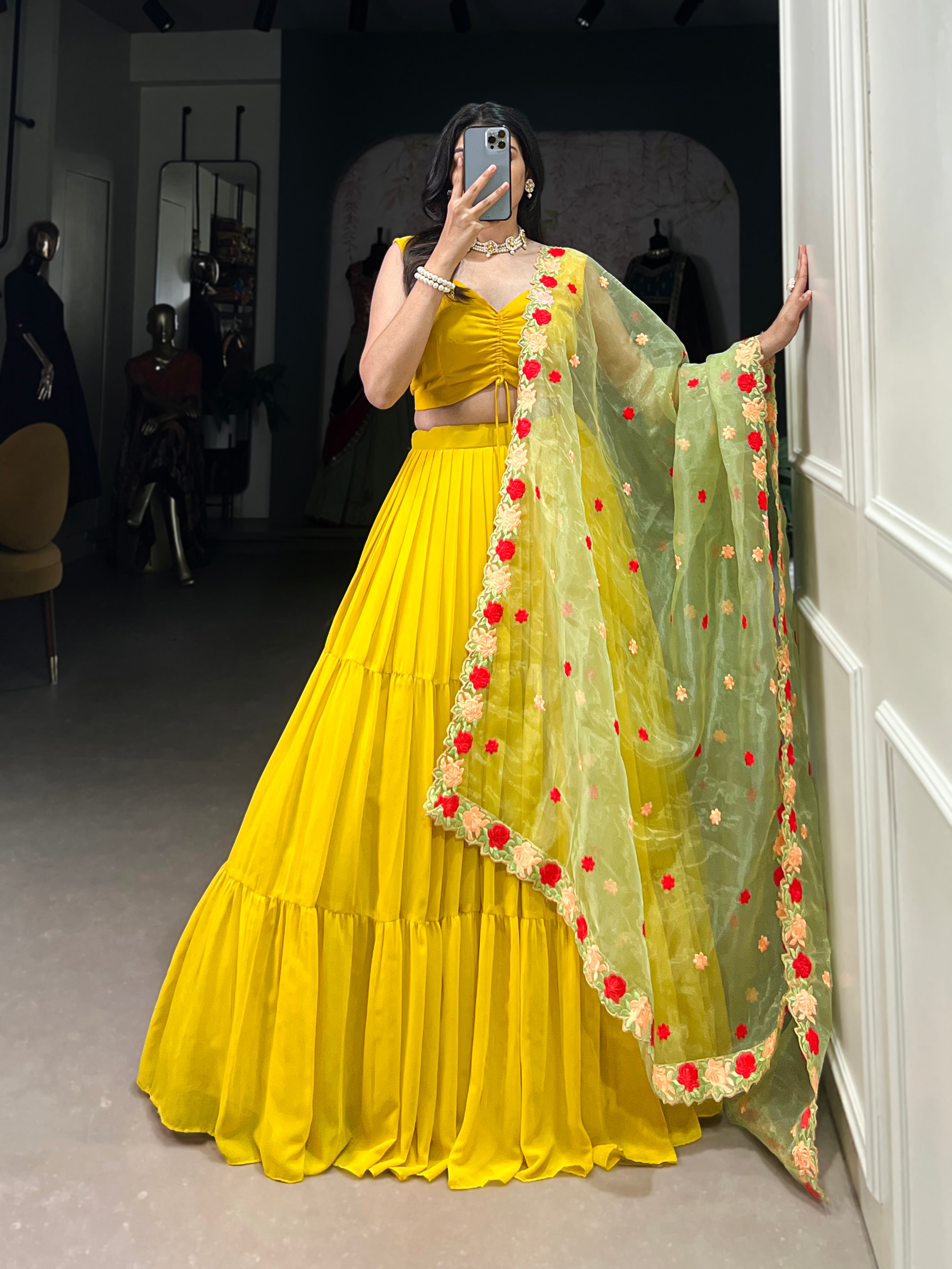 Lorenvalley Yellow Georgette Plain Lehenga Choli with Embroidery work Dupatta - Distacart