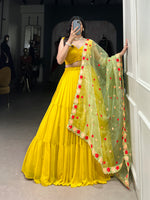 Thumbnail for Lorenvalley Yellow Georgette Plain Lehenga Choli with Embroidery work Dupatta - Distacart