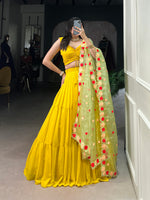Thumbnail for Lorenvalley Yellow Georgette Plain Lehenga Choli with Embroidery work Dupatta - Distacart