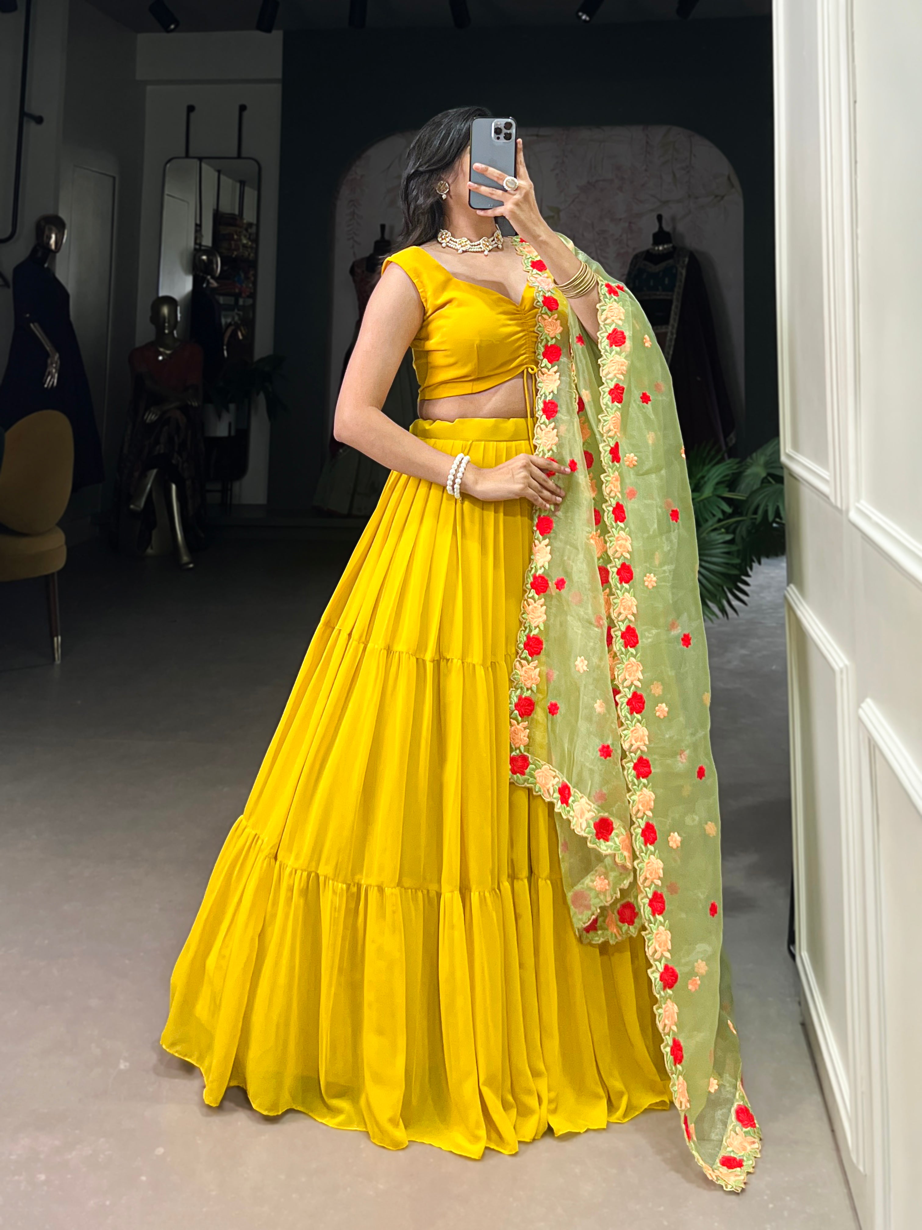 Lorenvalley Yellow Georgette Plain Lehenga Choli with Embroidery work Dupatta - Distacart