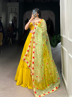 Thumbnail for Lorenvalley Yellow Georgette Plain Lehenga Choli with Embroidery work Dupatta - Distacart