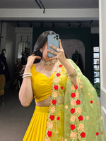 Thumbnail for Lorenvalley Yellow Georgette Plain Lehenga Choli with Embroidery work Dupatta - Distacart