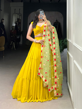 Lorenvalley Yellow Georgette Plain Lehenga Choli with Embroidery work Dupatta - Distacart