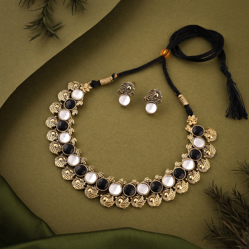 Tehzeeb Creations Black And White Colour Gold-Polished Stone Jewellery Choker Necklace Set With Matching Pair of Stud Earrings - Distacart