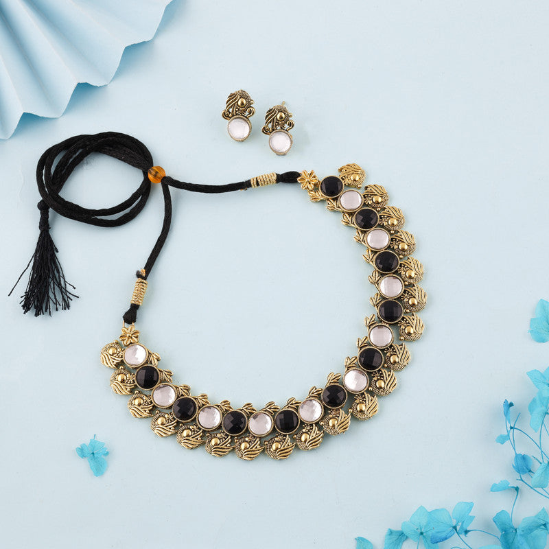 Tehzeeb Creations Black And White Colour Gold-Polished Stone Jewellery Choker Necklace Set With Matching Pair of Stud Earrings - Distacart