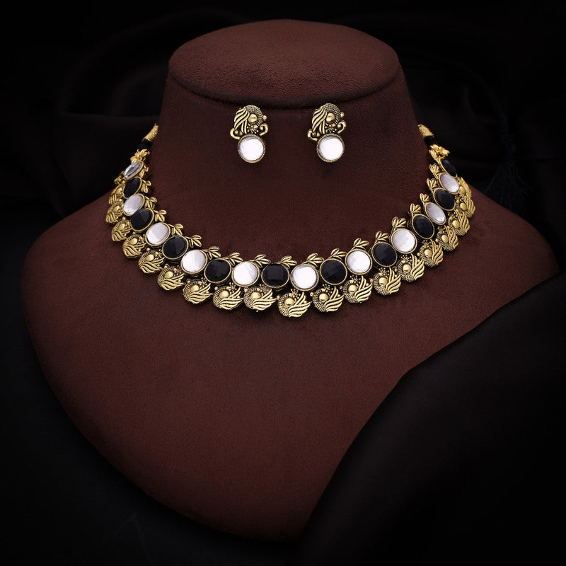 Tehzeeb Creations Black And White Colour Gold-Polished Stone Jewellery Choker Necklace Set With Matching Pair of Stud Earrings - Distacart