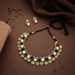 Thumbnail for Tehzeeb Creations Black And White Colour Gold-Polished Stone Jewellery Choker Necklace Set With Matching Pair of Stud Earrings - Distacart