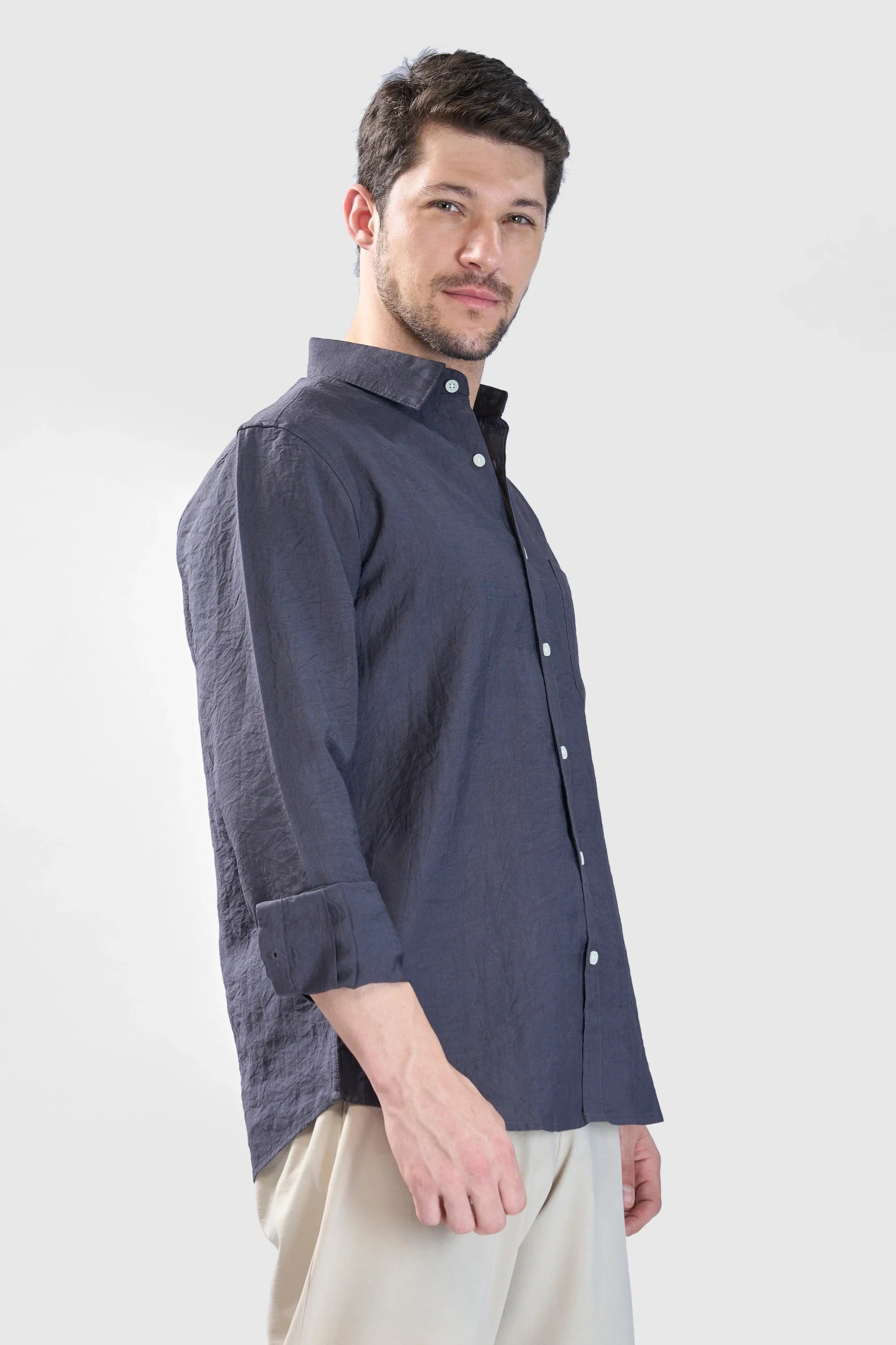 Xkind Dark Grey Crush Wrinkled Regular Fit Shirt