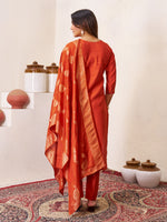Thumbnail for Vedant Vastram Roman Silk Hand Work & Embroidery Work Stitched Kurta Pant Dupatta Set-Coral Red - Distacart