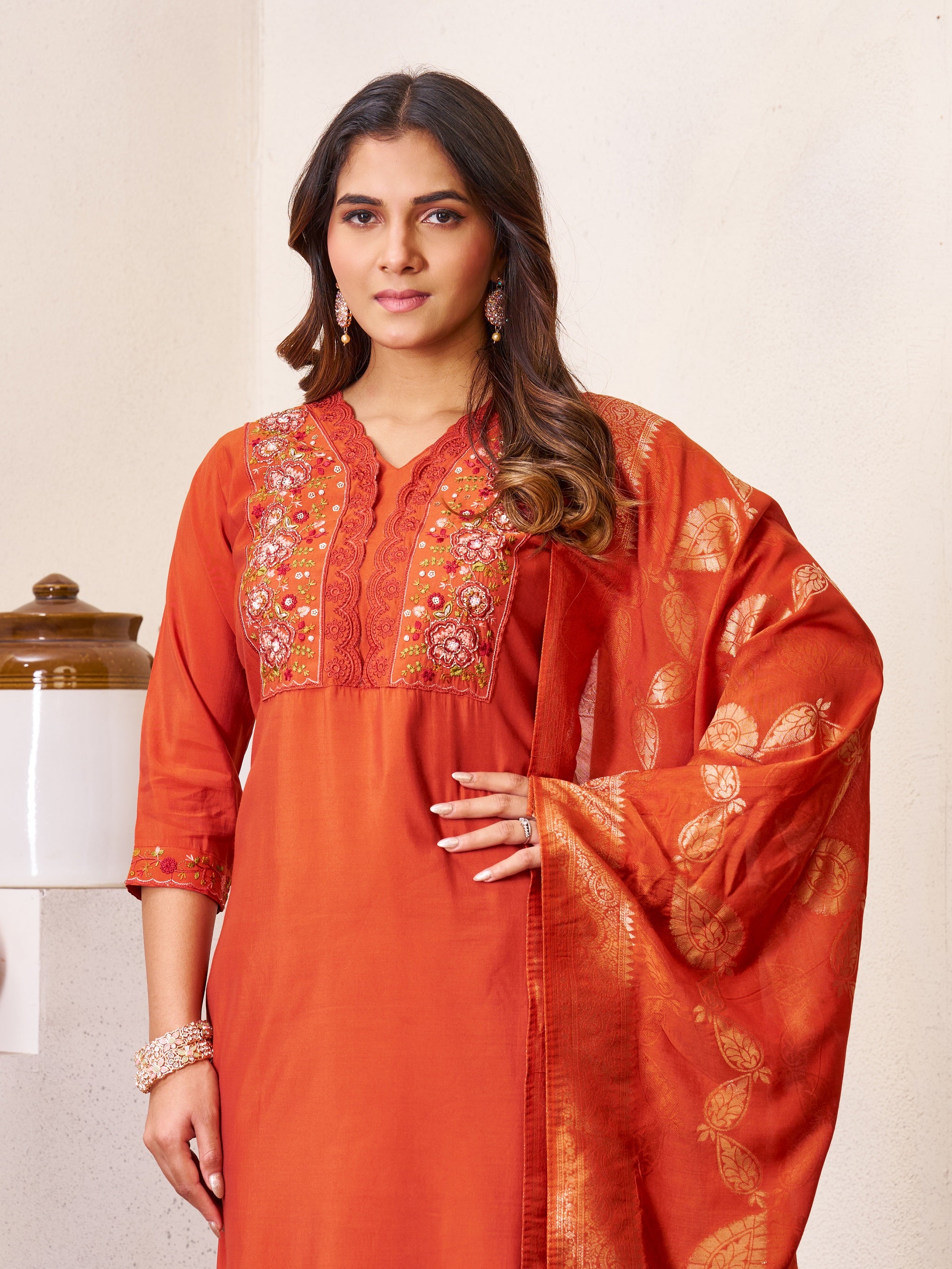 Vedant Vastram Roman Silk Hand Work & Embroidery Work Stitched Kurta Pant Dupatta Set-Coral Red - Distacart