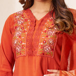Thumbnail for Vedant Vastram Roman Silk Hand Work & Embroidery Work Stitched Kurta Pant Dupatta Set-Coral Red - Distacart