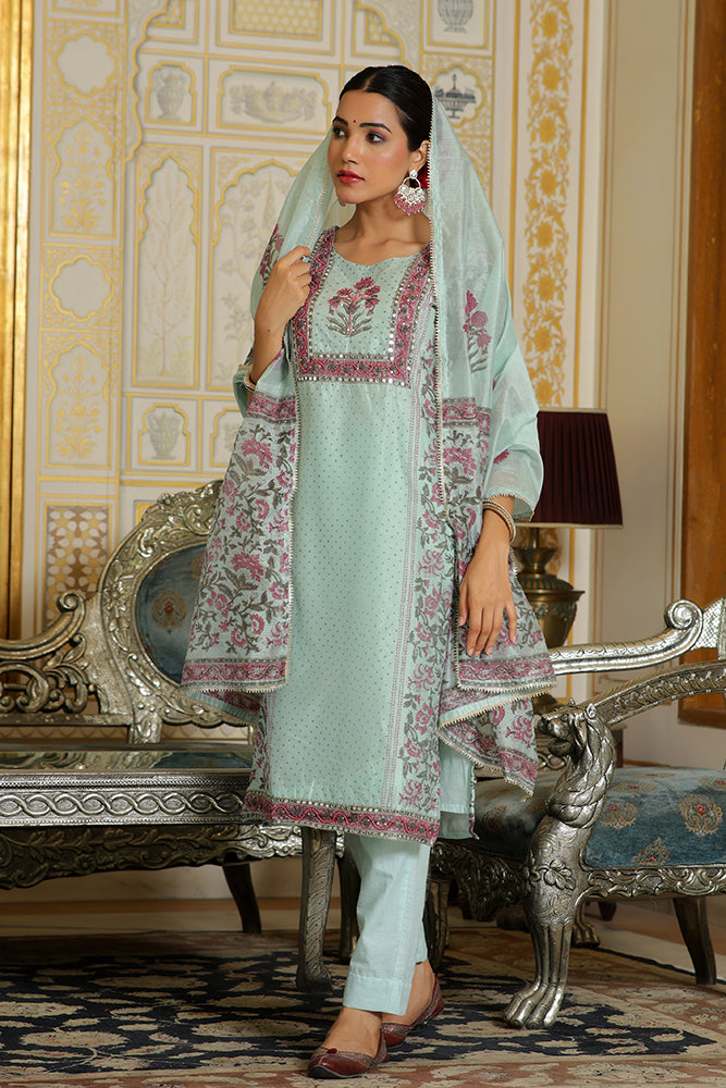 Vaasva Women Teal Chanderi Block Printed Embroidered Kurta Set With Solid Pants & Dupatta - Distacart