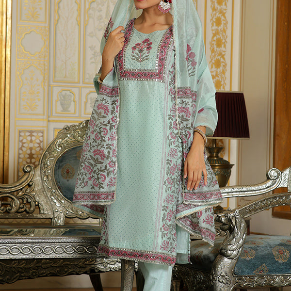 Vaasva Women Teal Chanderi Block Printed Embroidered Kurta Set With Solid Pants & Dupatta - Distacart