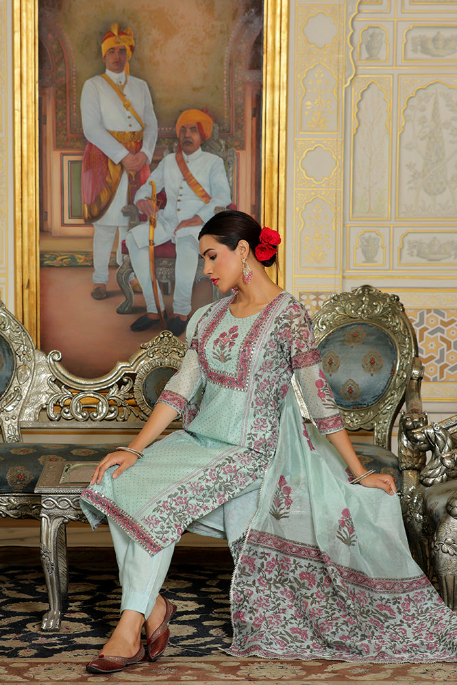 Vaasva Women Teal Chanderi Block Printed Embroidered Kurta Set With Solid Pants & Dupatta - Distacart