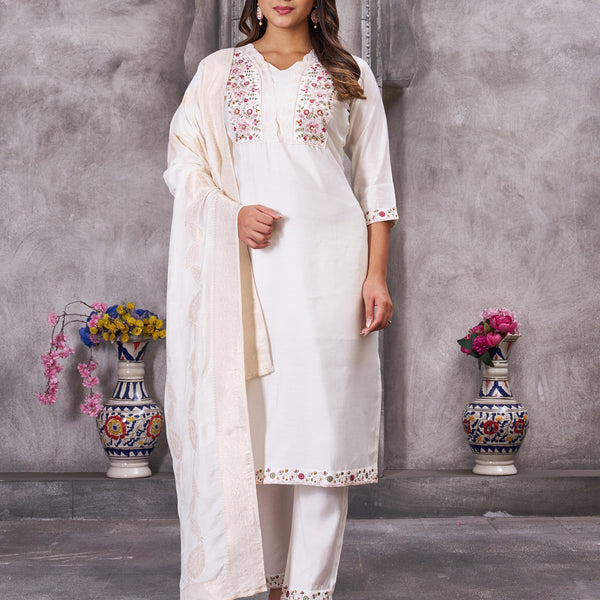 Vedant Vastram Roman Silk Hand Work & Embroidery Work Stitched Kurta Pant Dupatta Set-White - Distacart
