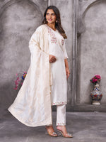 Thumbnail for Vedant Vastram Roman Silk Hand Work & Embroidery Work Stitched Kurta Pant Dupatta Set-White - Distacart