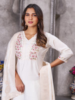 Thumbnail for Vedant Vastram Roman Silk Hand Work & Embroidery Work Stitched Kurta Pant Dupatta Set-White - Distacart