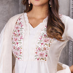 Thumbnail for Vedant Vastram Roman Silk Hand Work & Embroidery Work Stitched Kurta Pant Dupatta Set-White - Distacart