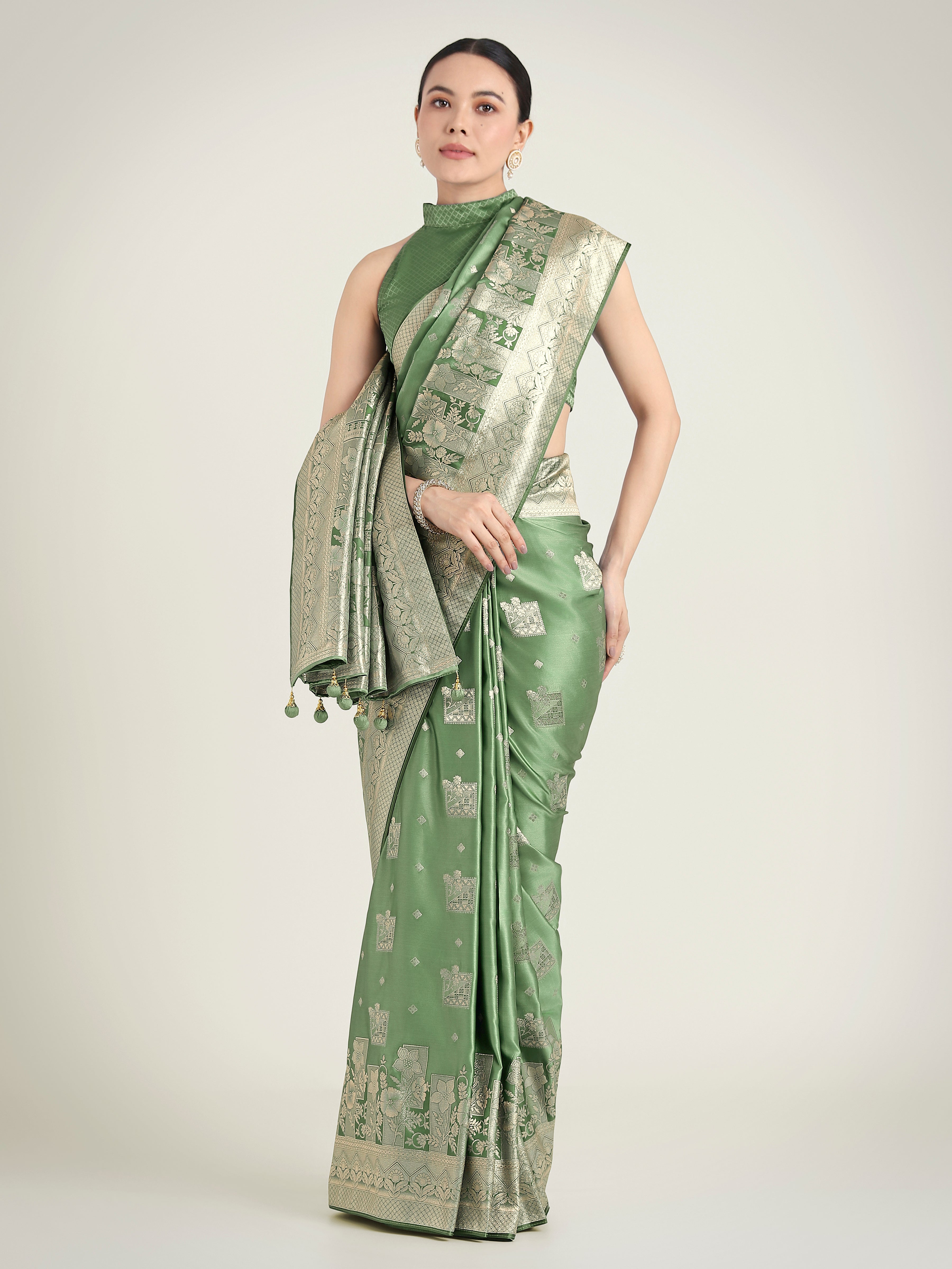 Monjolika Fashion Green Color Banarasi Satin Silk Zari Weaving Festival Saree