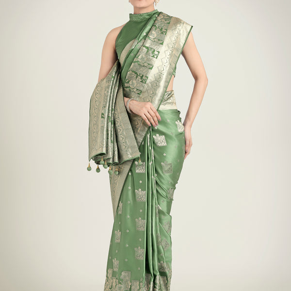 Monjolika Fashion Green Color Banarasi Satin Silk Zari Weaving Festival Saree - Distacart