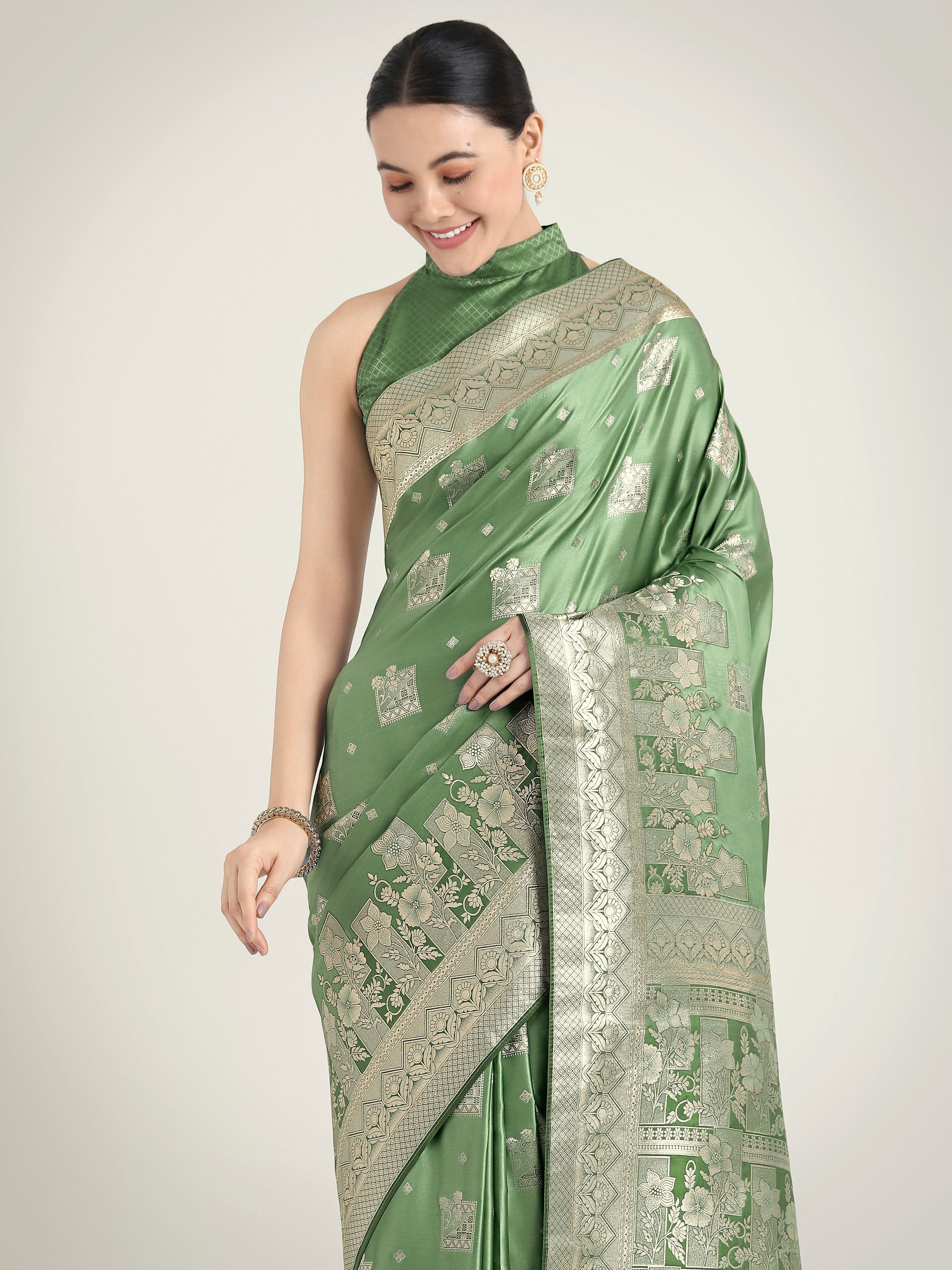 Monjolika Fashion Green Color Banarasi Satin Silk Zari Weaving Festival Saree