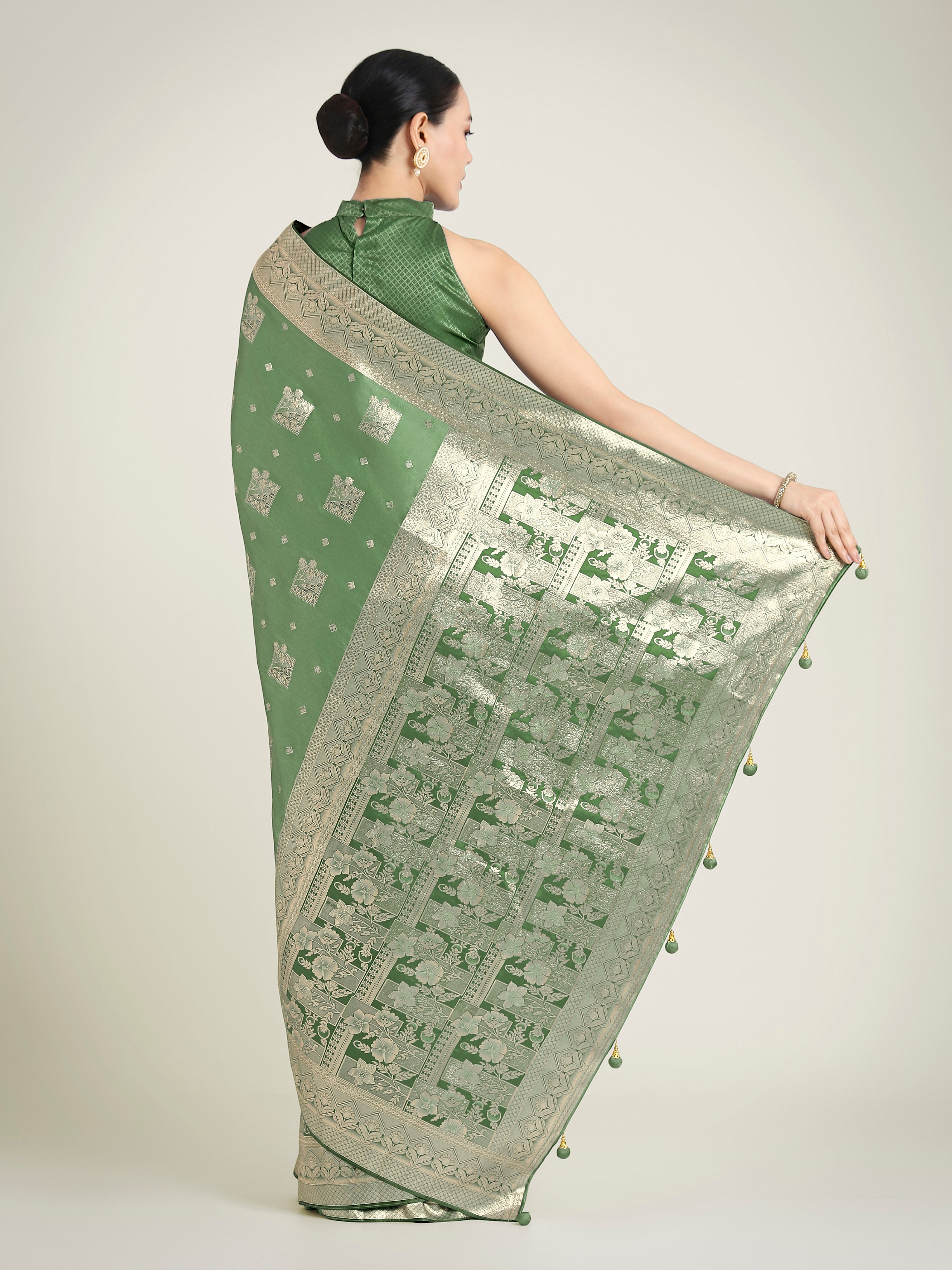 Monjolika Fashion Green Color Banarasi Satin Silk Zari Weaving Festival Saree