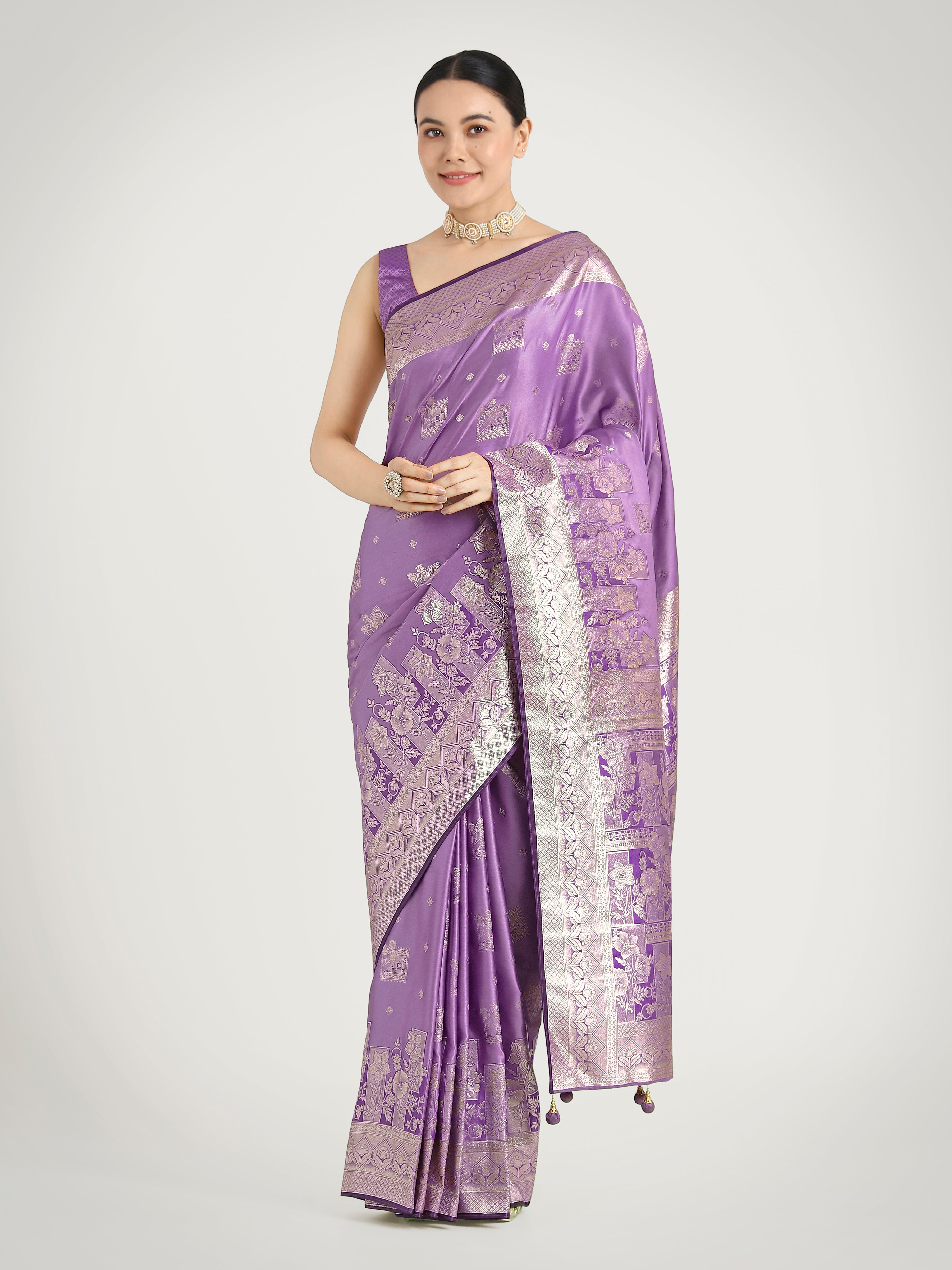 Monjolika Fashion Lavender Color Banarasi Satin Silk Zari Weaving Festival Saree