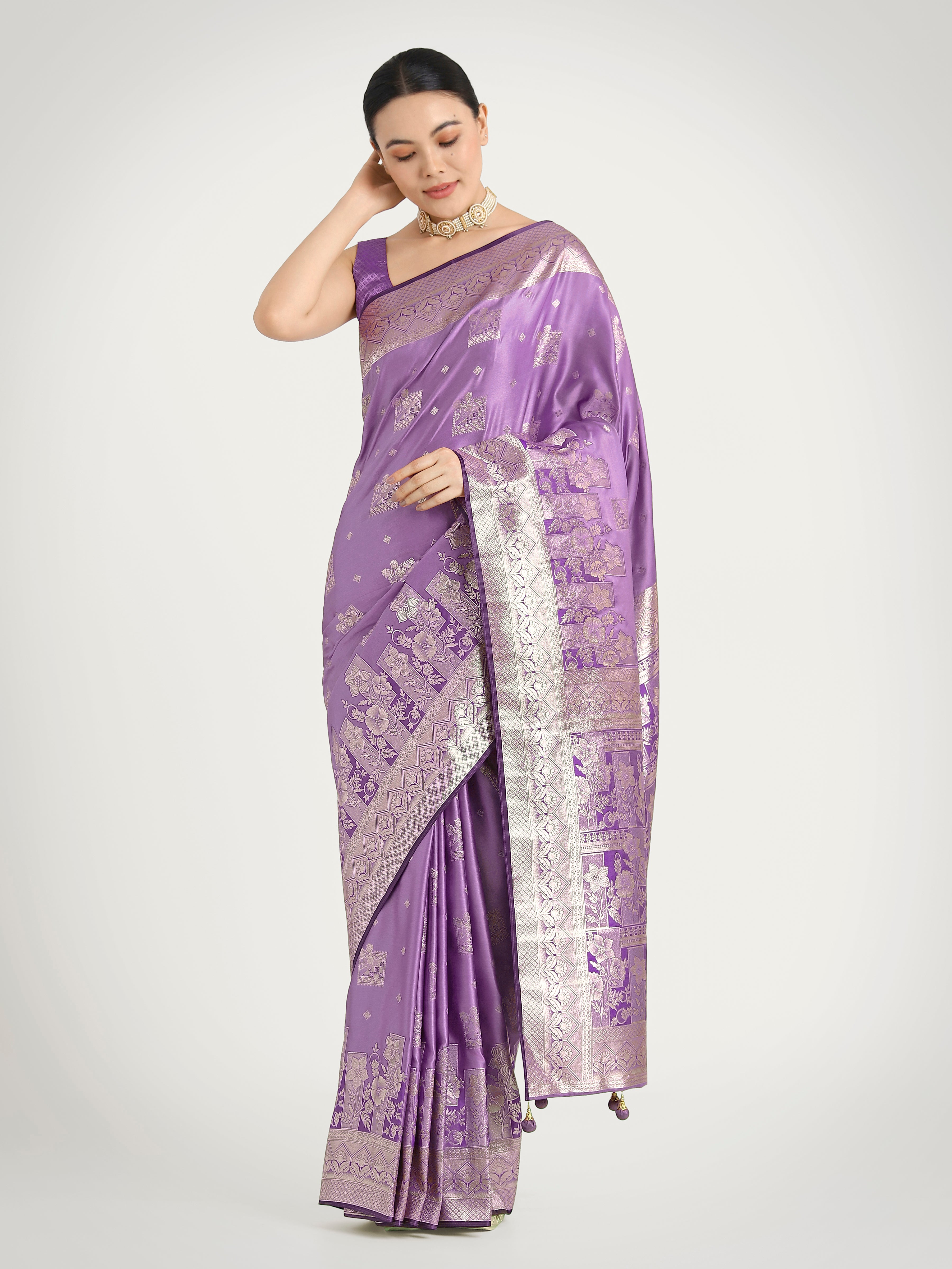 Monjolika Fashion Lavender Color Banarasi Satin Silk Zari Weaving Festival Saree