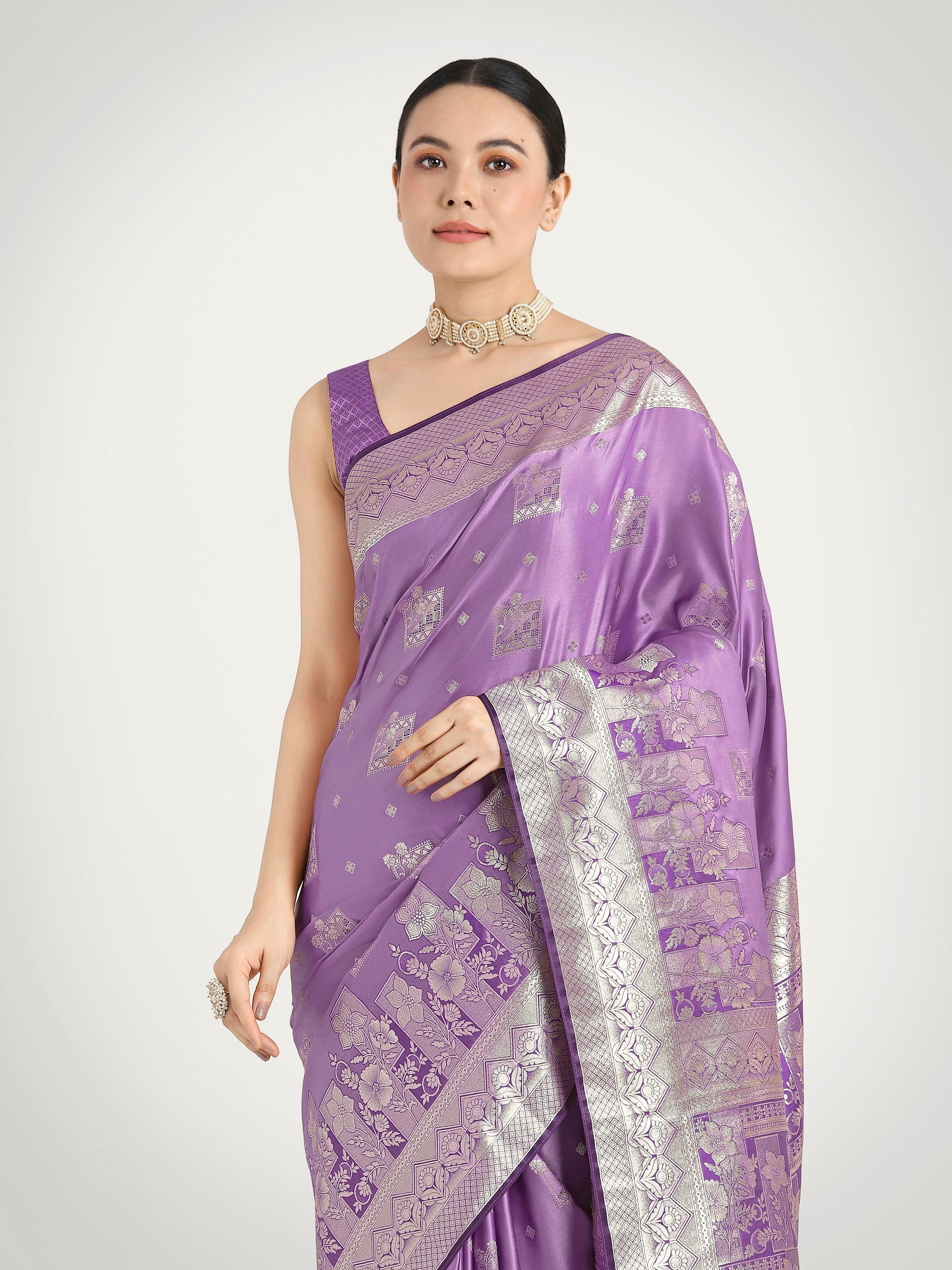 Monjolika Fashion Lavender Color Banarasi Satin Silk Zari Weaving Festival Saree