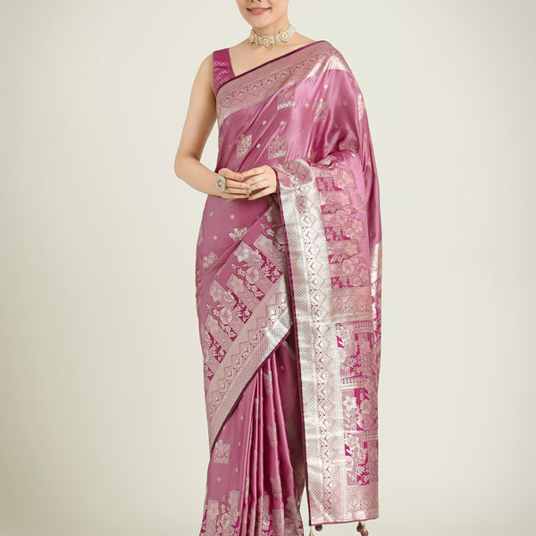 Monjolika Fashion Rose Pink Color Banarasi Satin Silk Zari Weaving Festival Saree - Distacart
