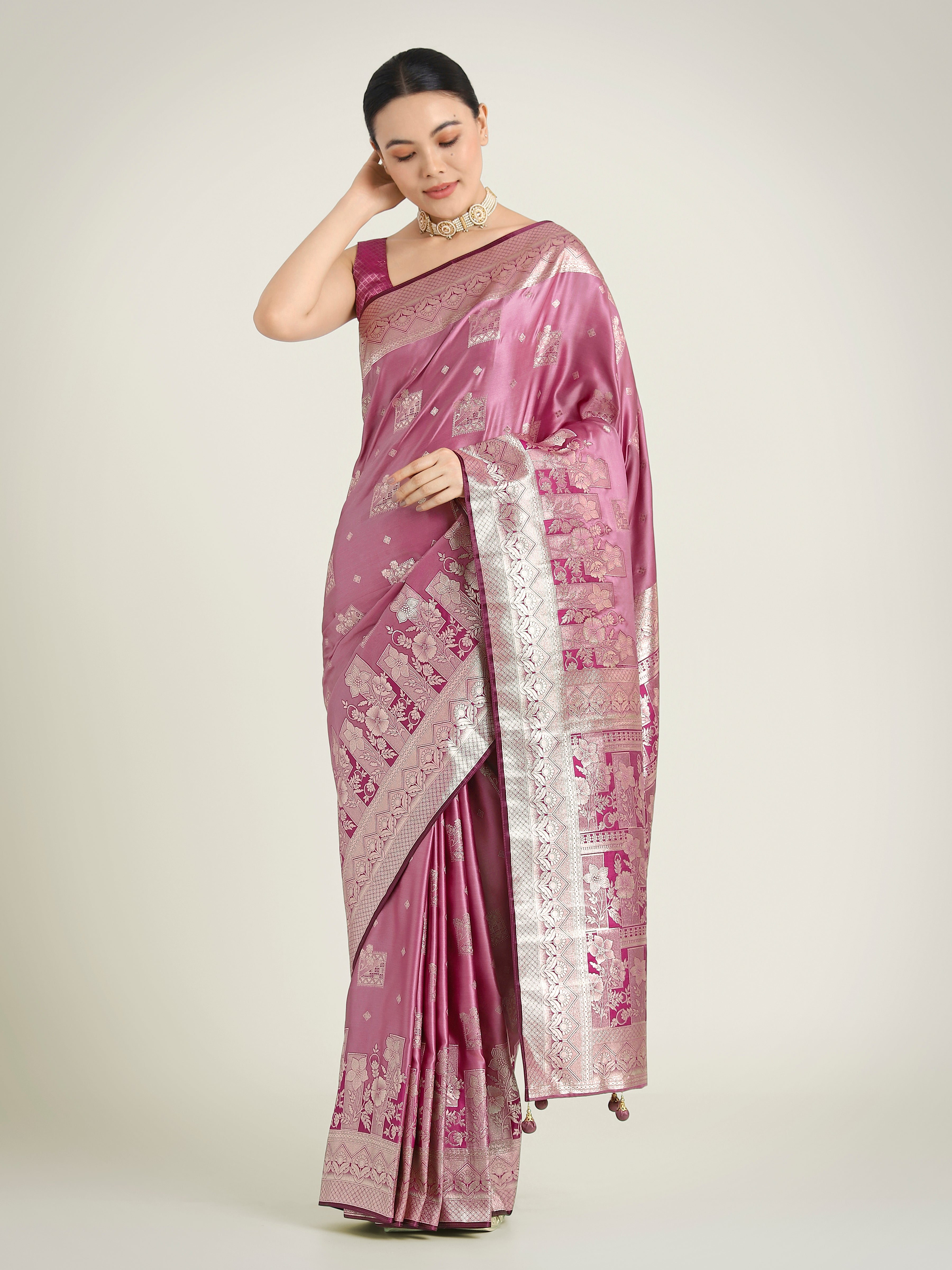 Monjolika Fashion Rose Pink Color Banarasi Satin Silk Zari Weaving Festival Saree