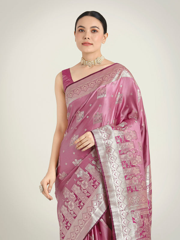 Monjolika Fashion Rose Pink Color Banarasi Satin Silk Zari Weaving Festival Saree