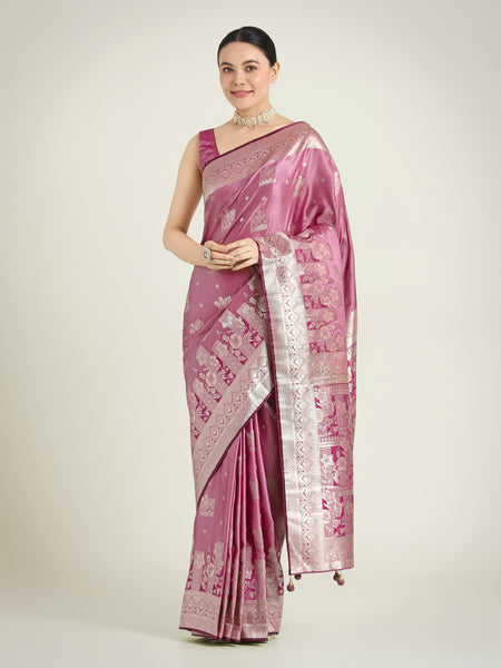 Monjolika Fashion Rose Pink Color Banarasi Satin Silk Zari Weaving Festival Saree