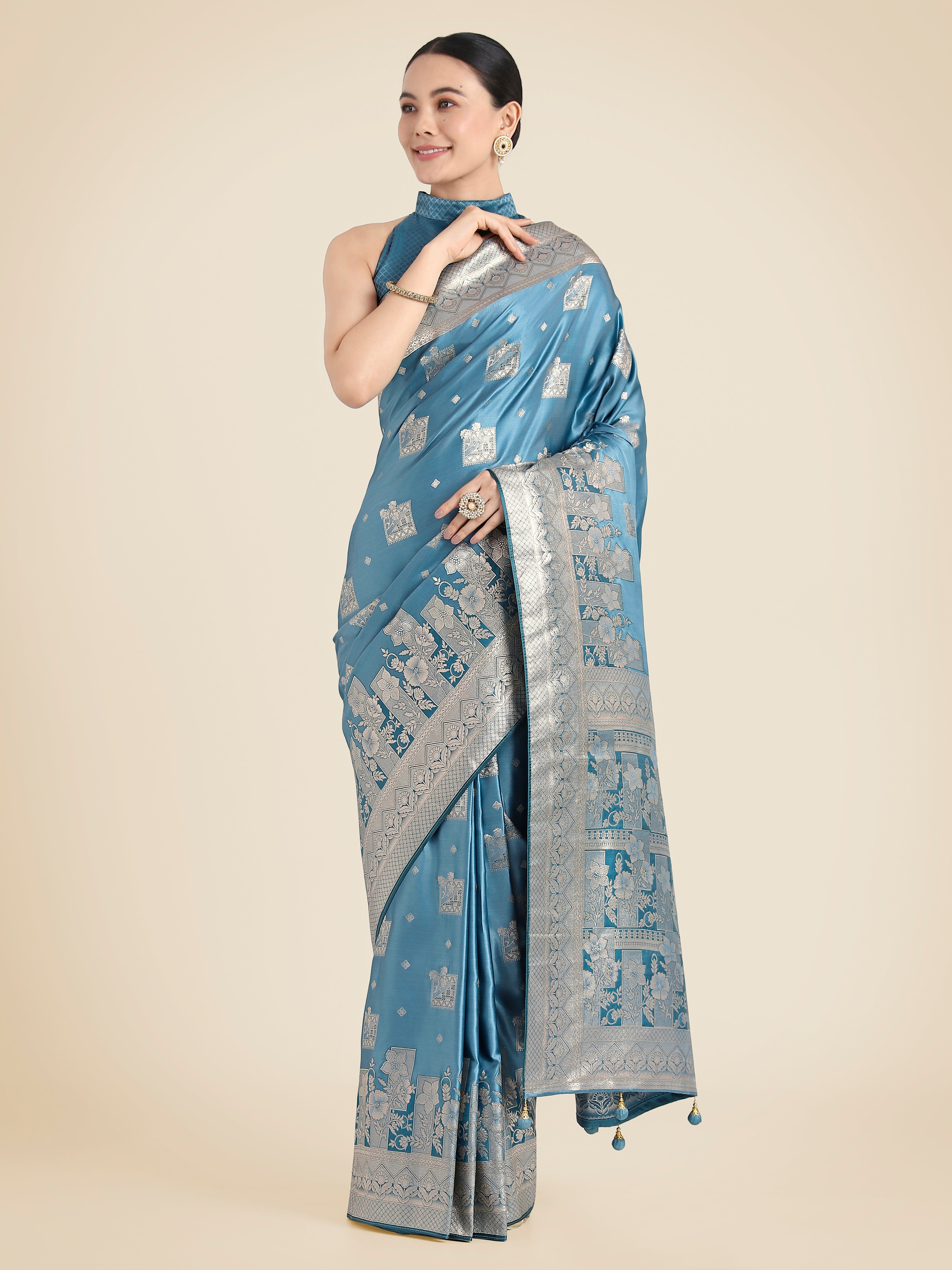Monjolika Fashion Cyan blue Pink Color Banarasi Satin Silk Zari Weaving Festival Saree
