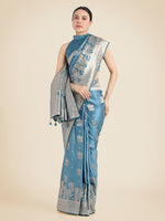 Thumbnail for Monjolika Fashion Cyan blue Pink Color Banarasi Satin Silk Zari Weaving Festival Saree