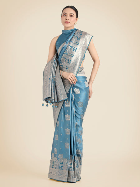Monjolika Fashion Cyan blue Pink Color Banarasi Satin Silk Zari Weaving Festival Saree
