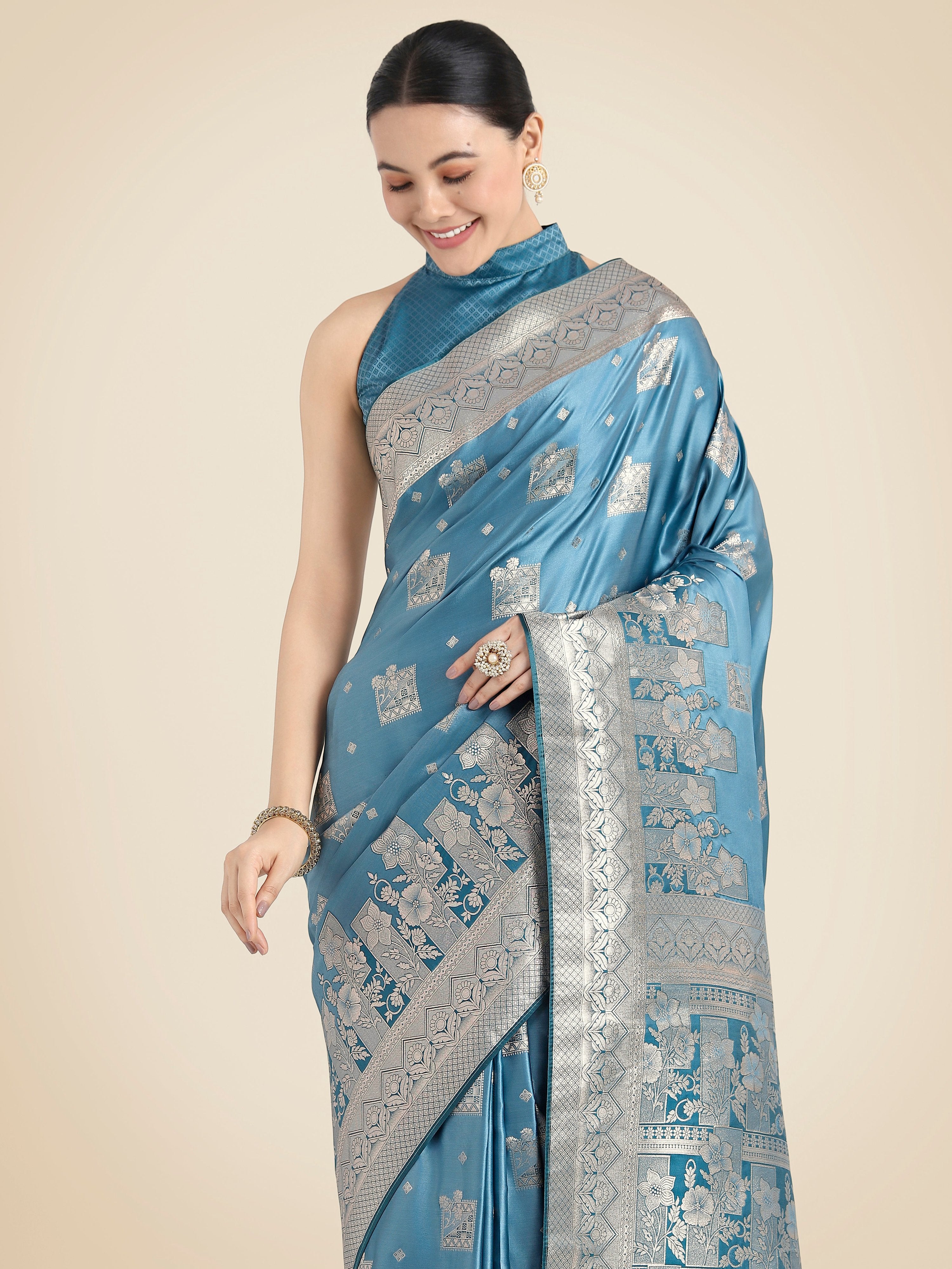 Monjolika Fashion Cyan blue Pink Color Banarasi Satin Silk Zari Weaving Festival Saree